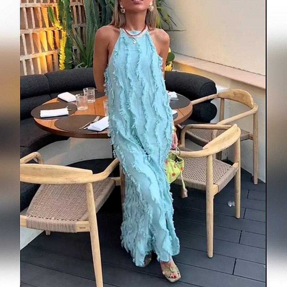 Zara Blue Ruffled Tiered Halter Maxi Dress
